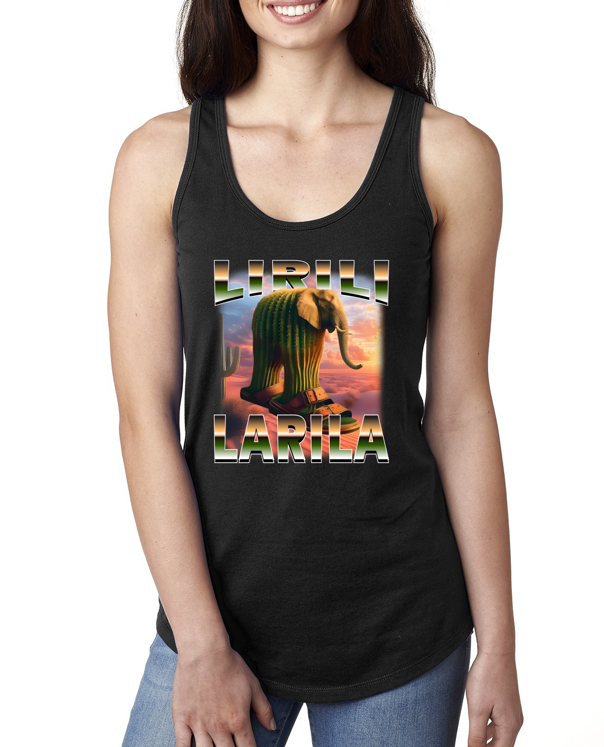 Lirili Larila Brainrot Funny Cactus Elephant in Sandal Ladies Racerback Tank Top