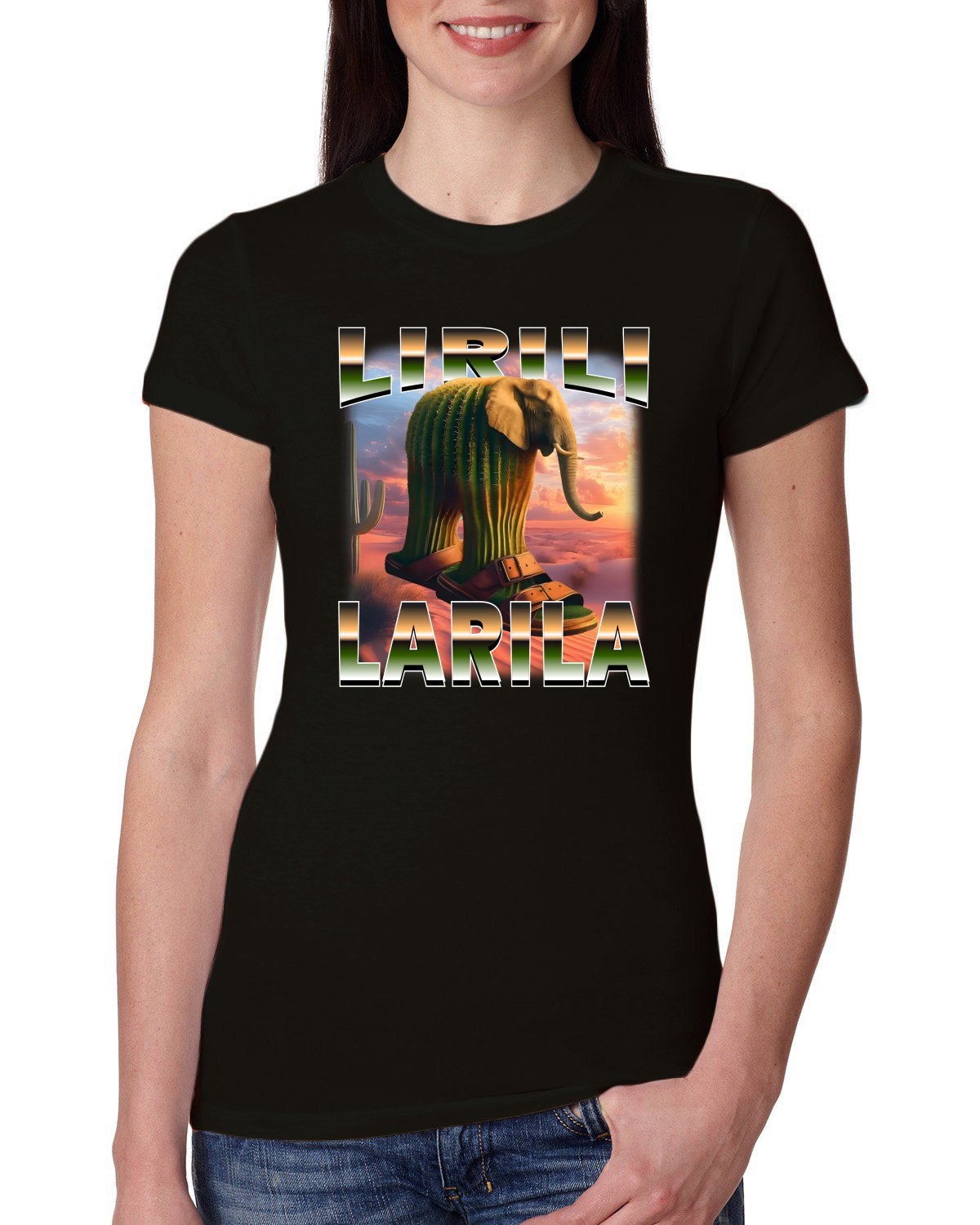 Lirili Larila Brainrot Funny Cactus Elephant in Sandal Women Slim Fit Junior Tee
