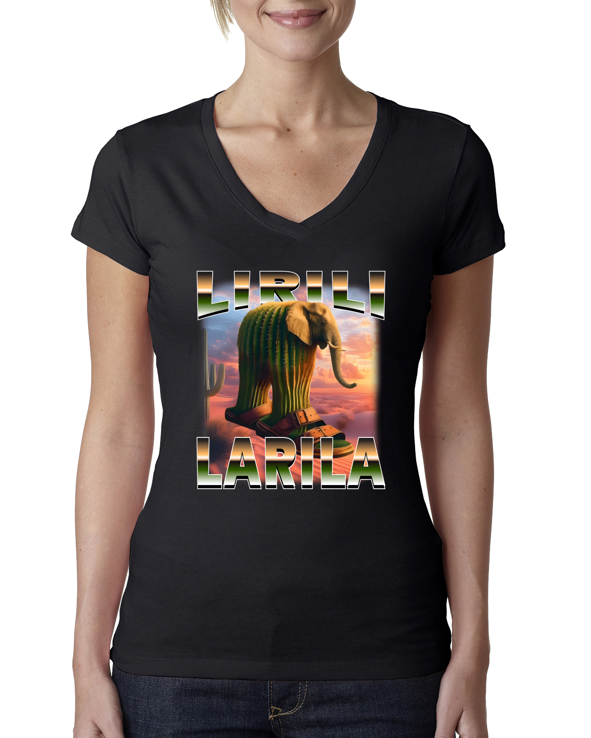 Lirili Larila Brainrot Funny Cactus Elephant in Sandals Womens Junior Fit V-Neck