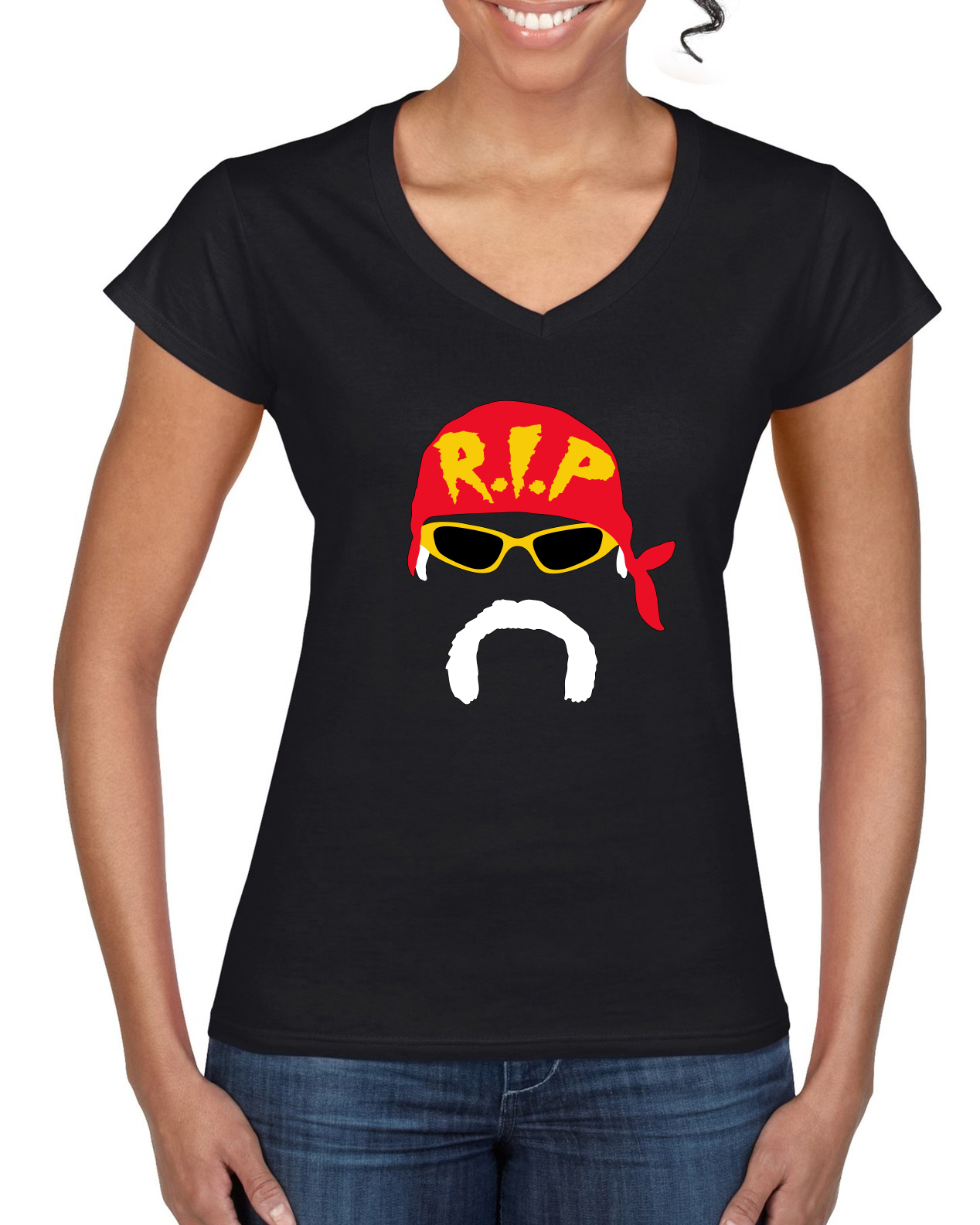 Camiseta RIP Silhouette Wrestling Legend Mania para mujer estándar con cuello en V - Imagen 3 de 3