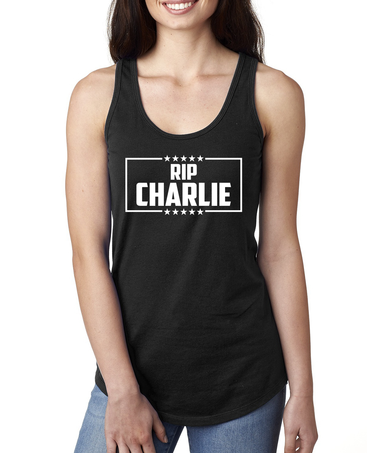 RIP Charlie, White Text, Political Activist, Conservative Ladies Tank Top
