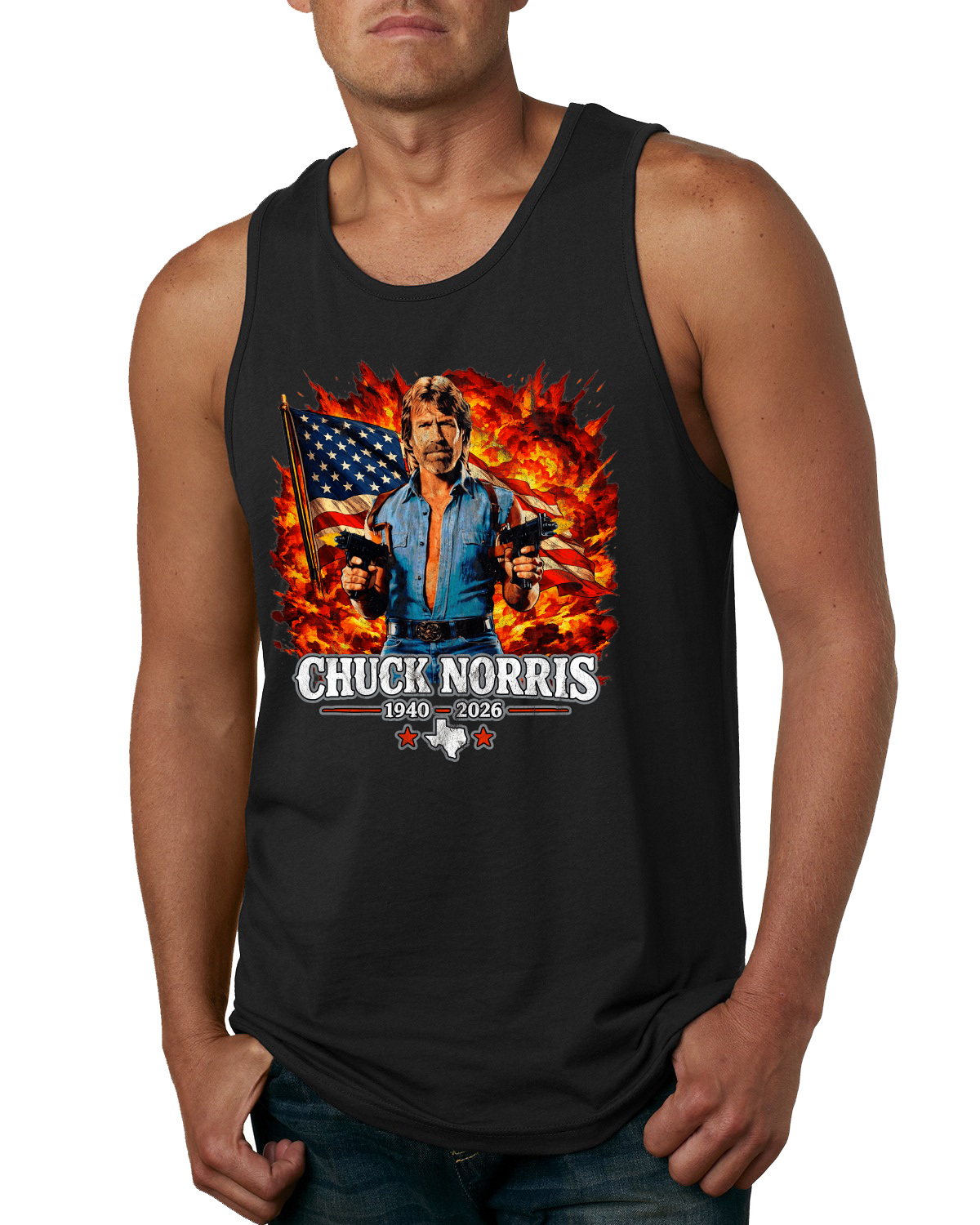 Chuck Norris 1940-2026 American Flag Memorial Tribute RIP Mens Tank Top