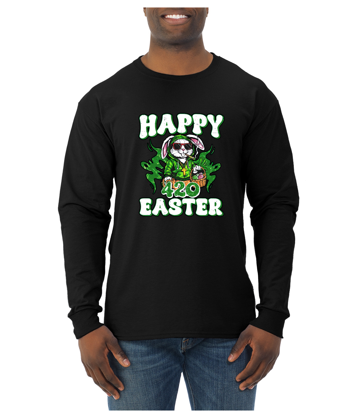 Happy Easter 4/20 Funny Stoned Bunny 420 Marijuana Weed Mens Long Sleeve Shirt - Picture 3 of 5