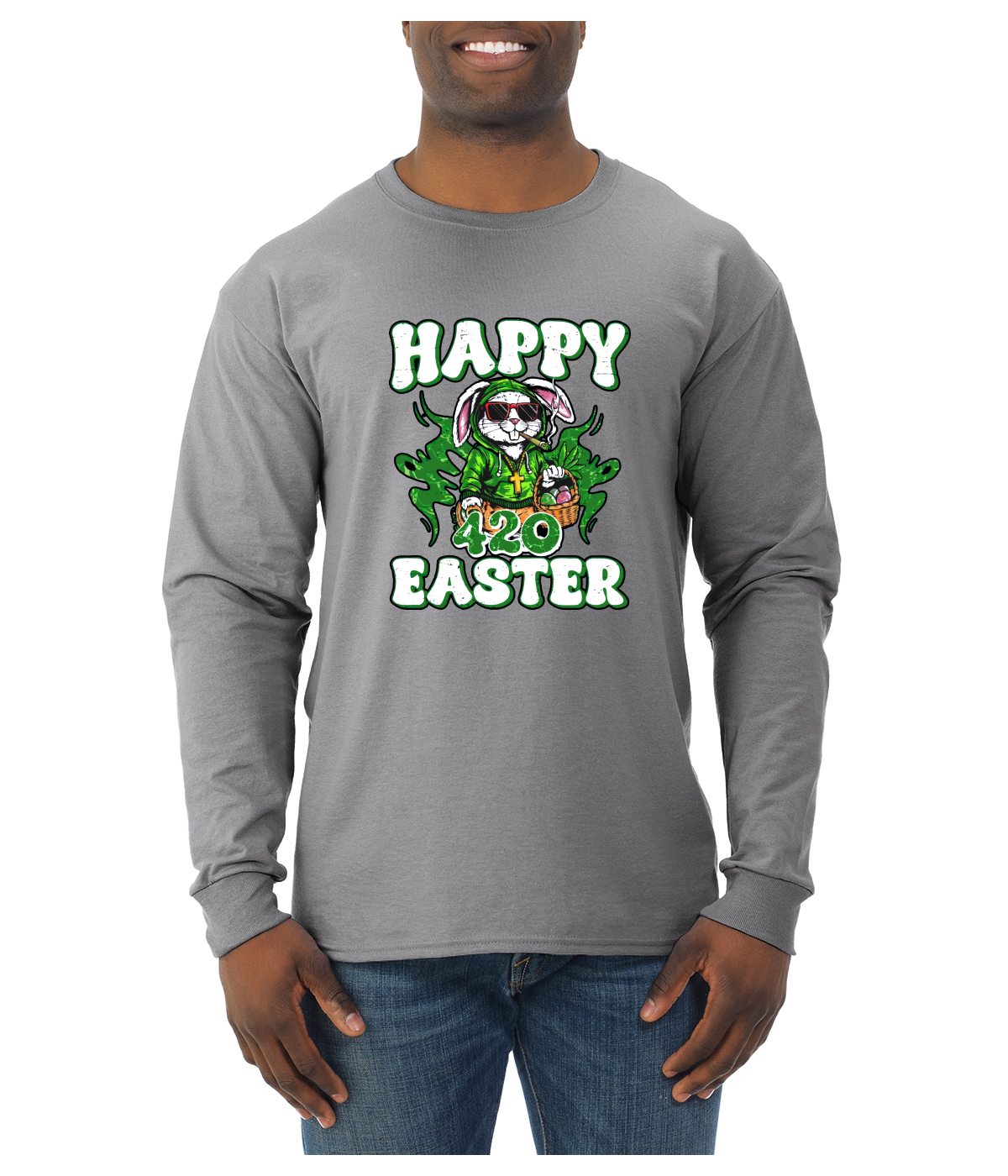Happy Easter 4/20 Funny Stoned Bunny 420 Marijuana Weed Mens Long Sleeve Shirt - Picture 4 of 5