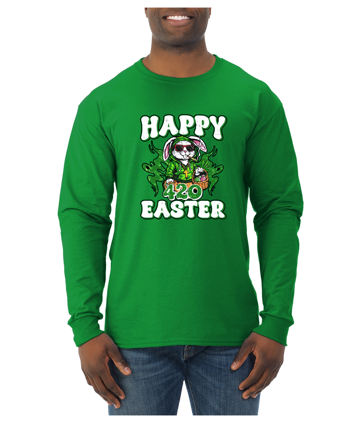 Happy Easter 4/20 Funny Stoned Bunny 420 Marijuana Weed Mens Long Sleeve Shirt - Picture 5 of 5